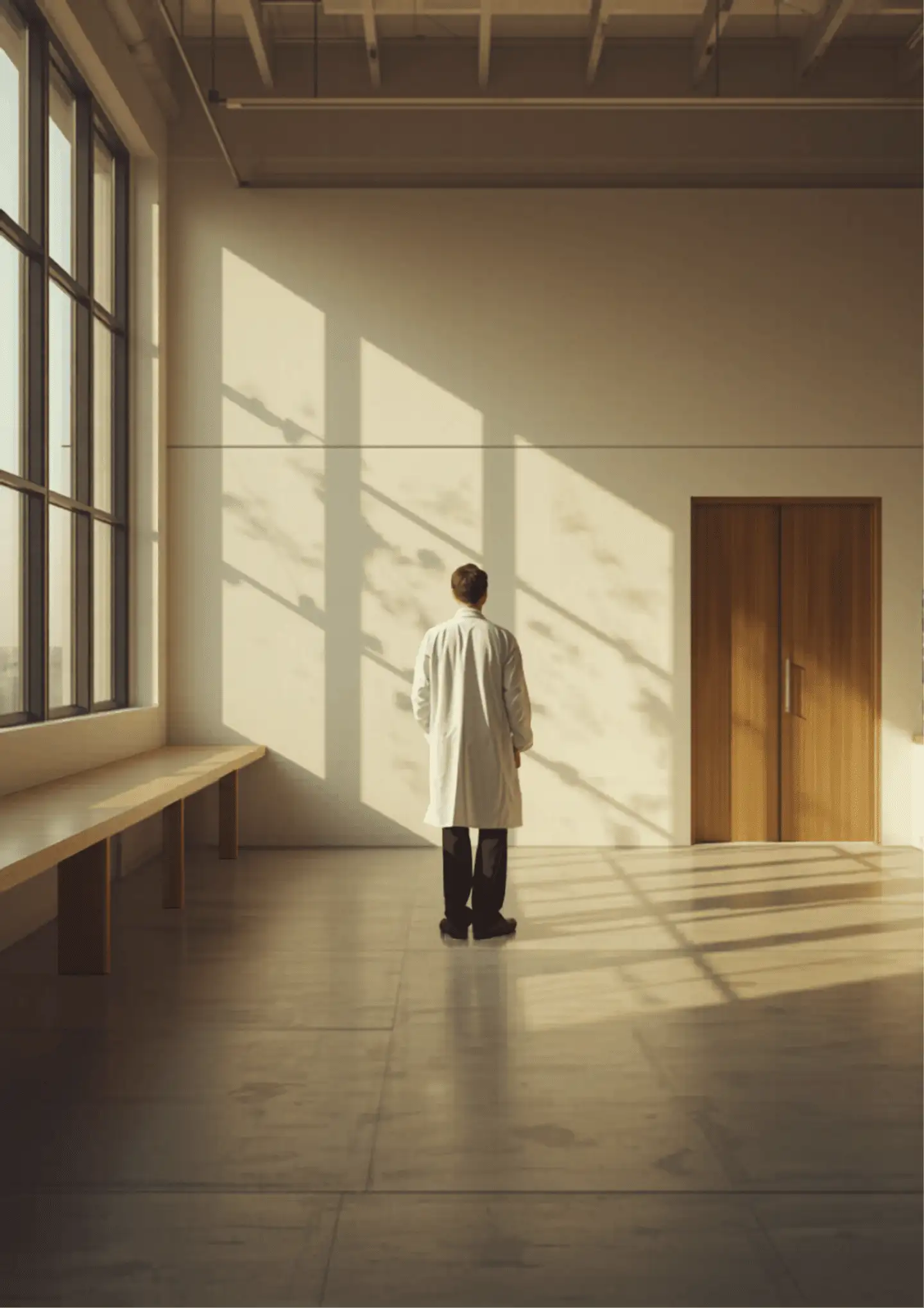 Scientist in a modern biotech research laboratory, warm natural light streaming through industrial windows