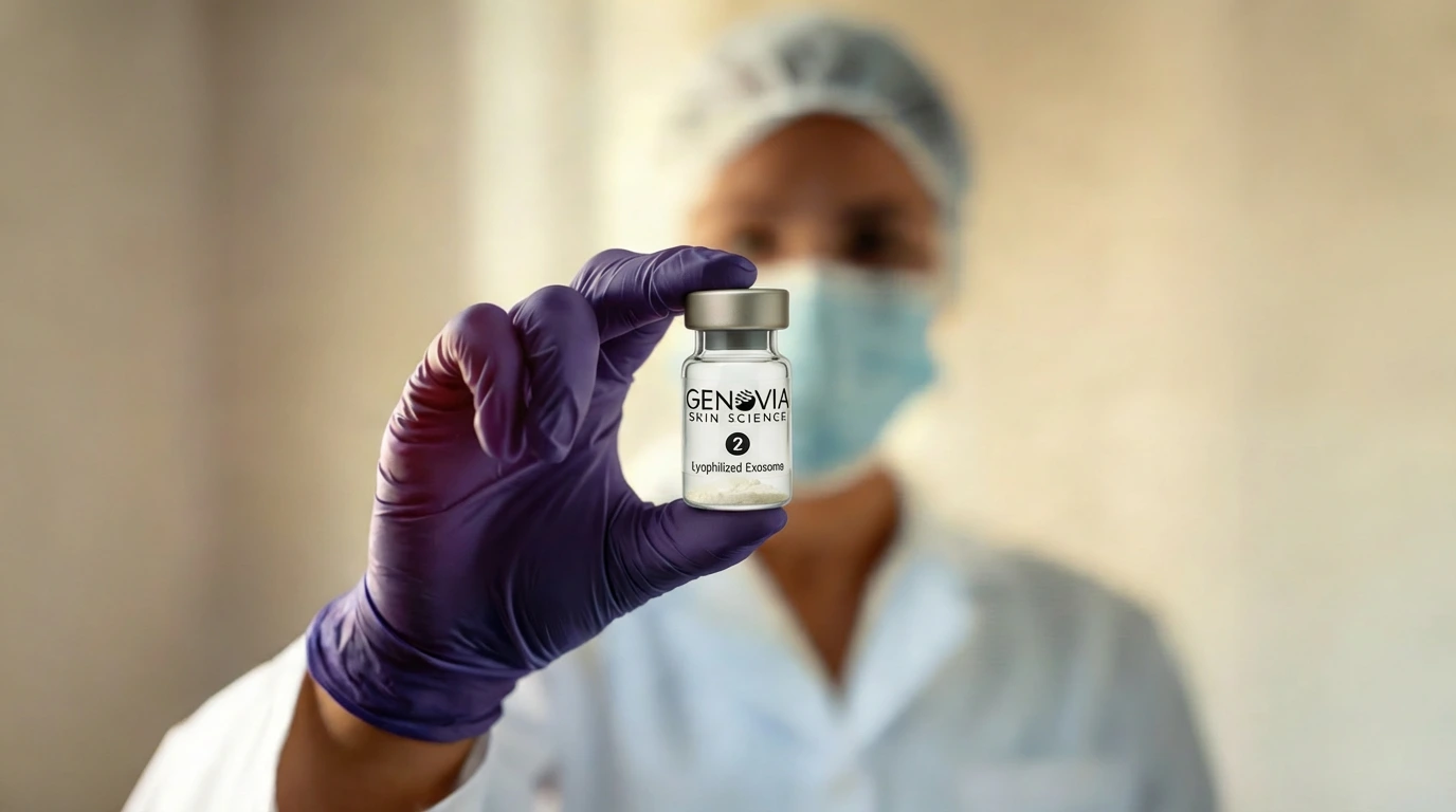 Researcher in purple nitrile gloves holding a Genovia Lyophilized Exosome vial