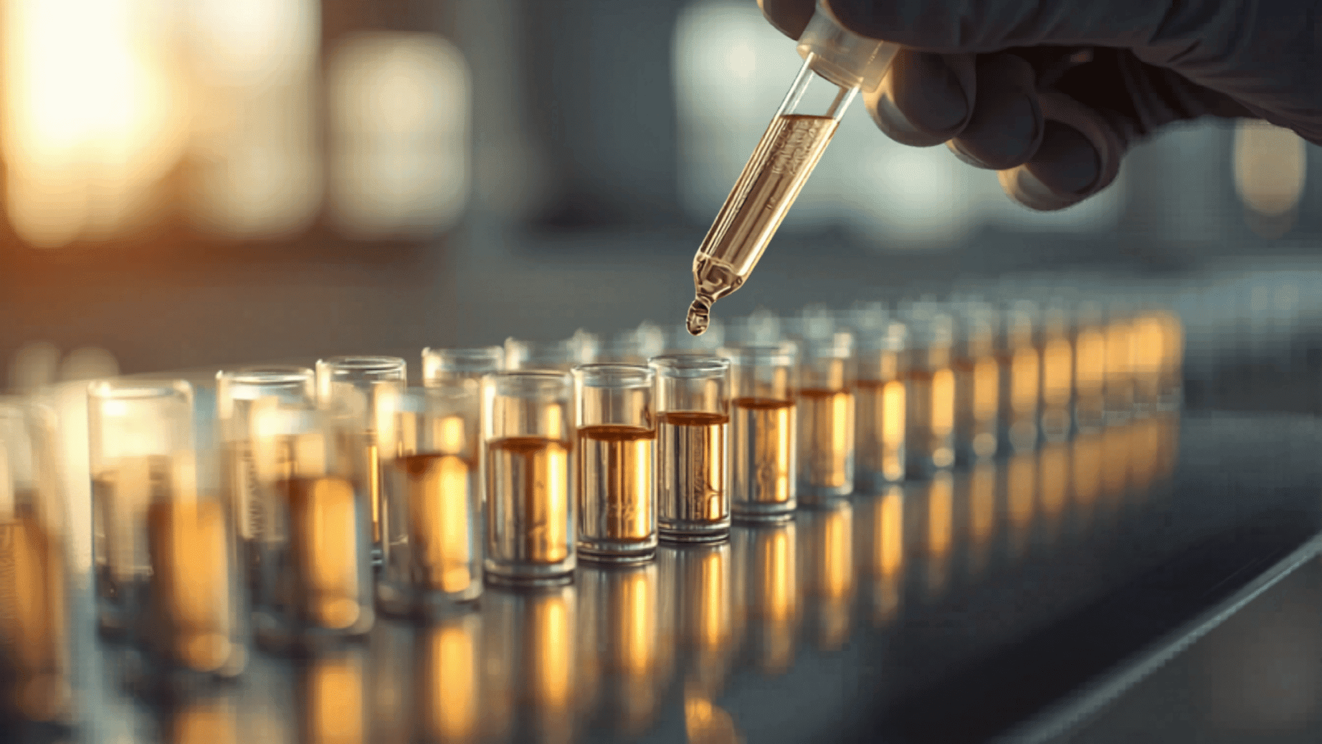 Precision pipette dispensing golden biotech solution into glass vials in a modern laboratory